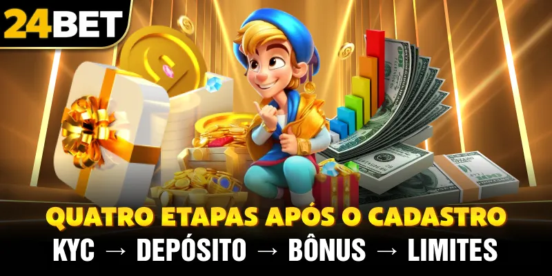 Quatro etapas após o cadastro — KYC → Depósito → Bônus → Limites